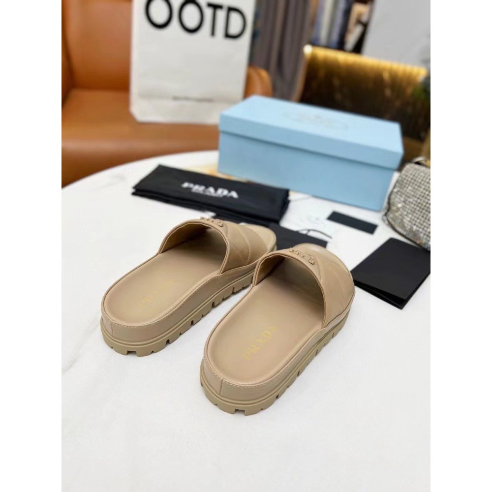 Cheap Reps Prada Womens Slides In Beige Quilted Nappa Leather