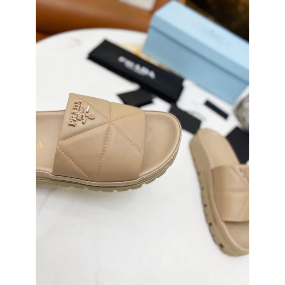 Cheap Reps Prada Womens Slides In Beige Quilted Nappa Leather