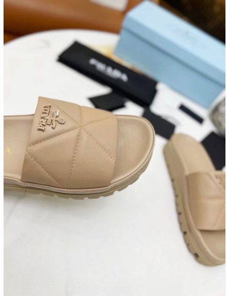 Cheap Reps Prada Womens Slides In Beige Quilted Nappa Leather