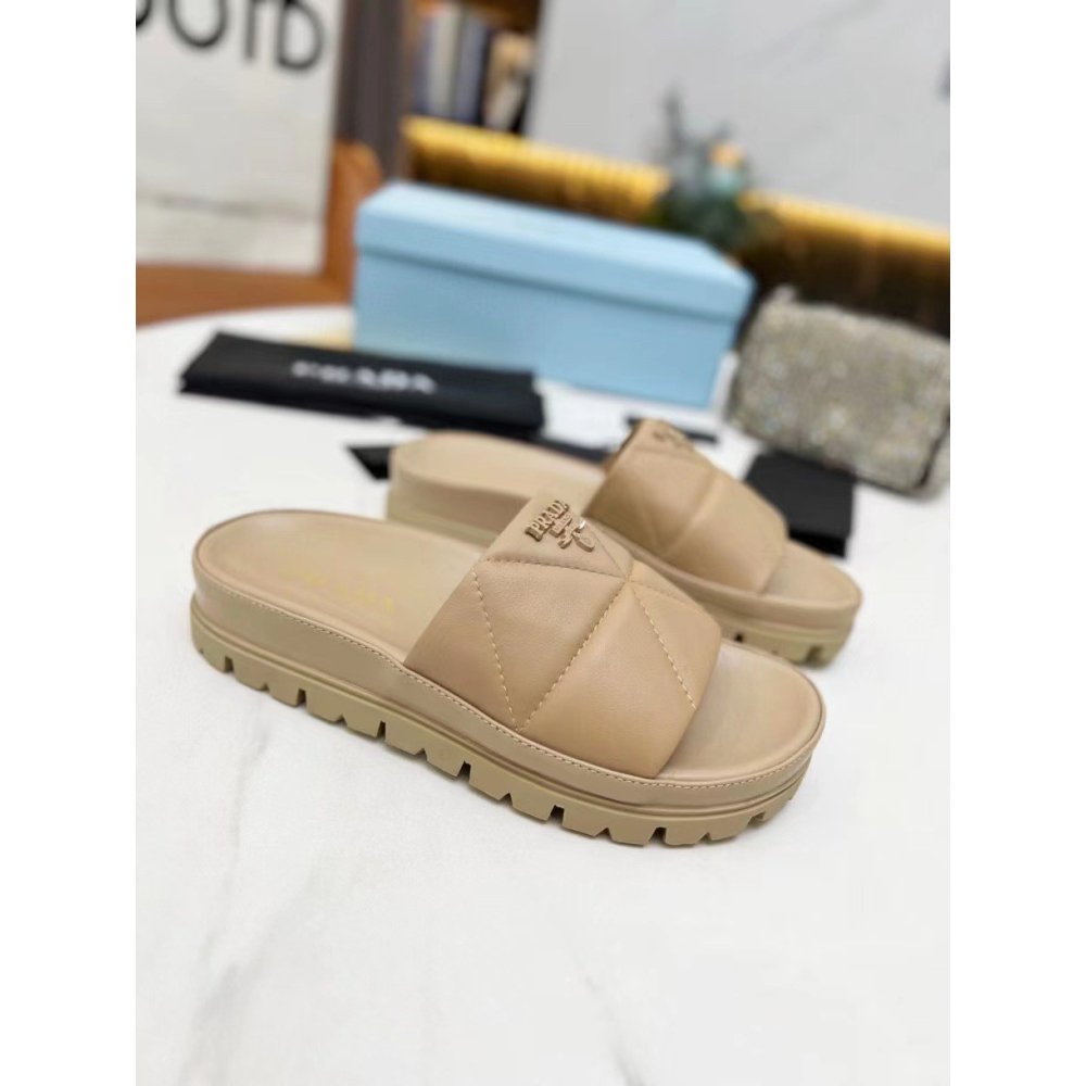 Cheap Reps Prada Womens Slides In Beige Quilted Nappa Leather