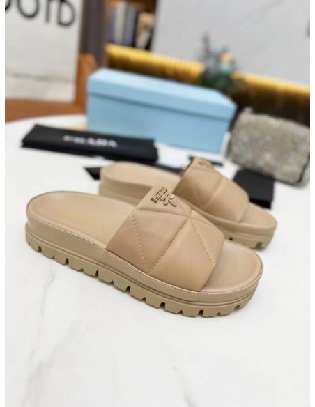 Cheap Reps Prada Womens Slides In Beige Quilted Nappa Leather