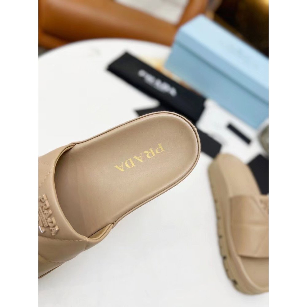 Cheap Reps Prada Womens Slides In Beige Quilted Nappa Leather
