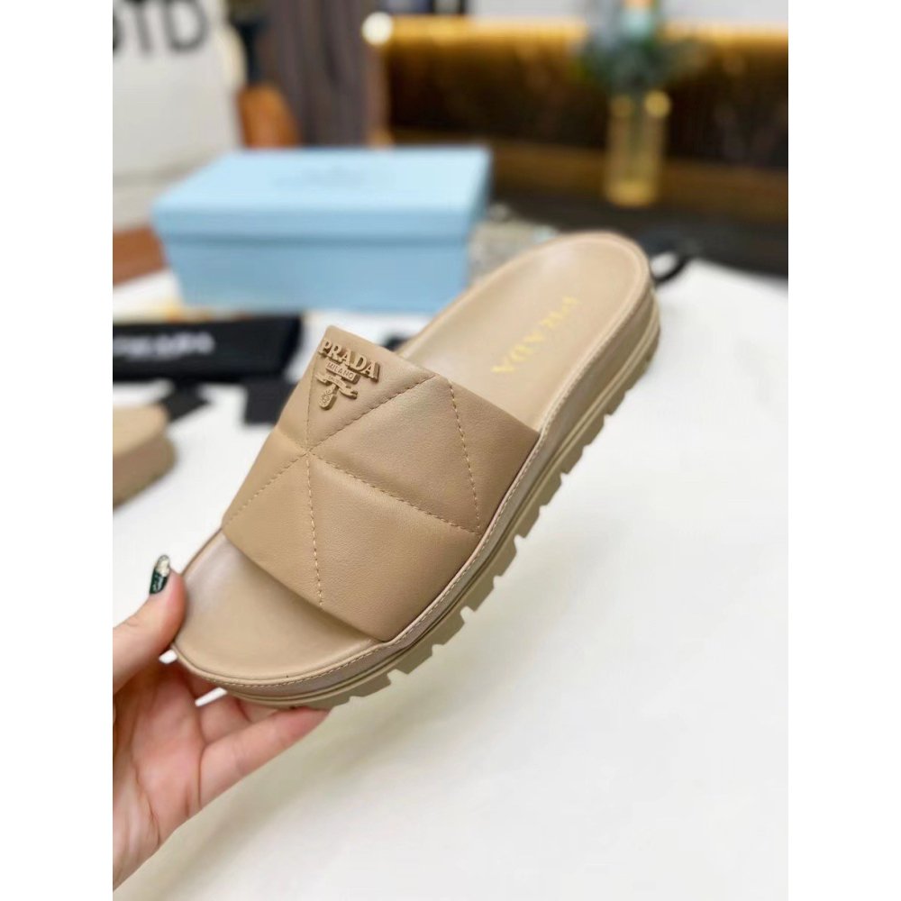 Cheap Reps Prada Womens Slides In Beige Quilted Nappa Leather
