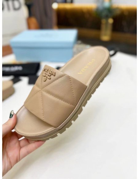 Cheap Reps Prada Womens Slides In Beige Quilted Nappa Leather