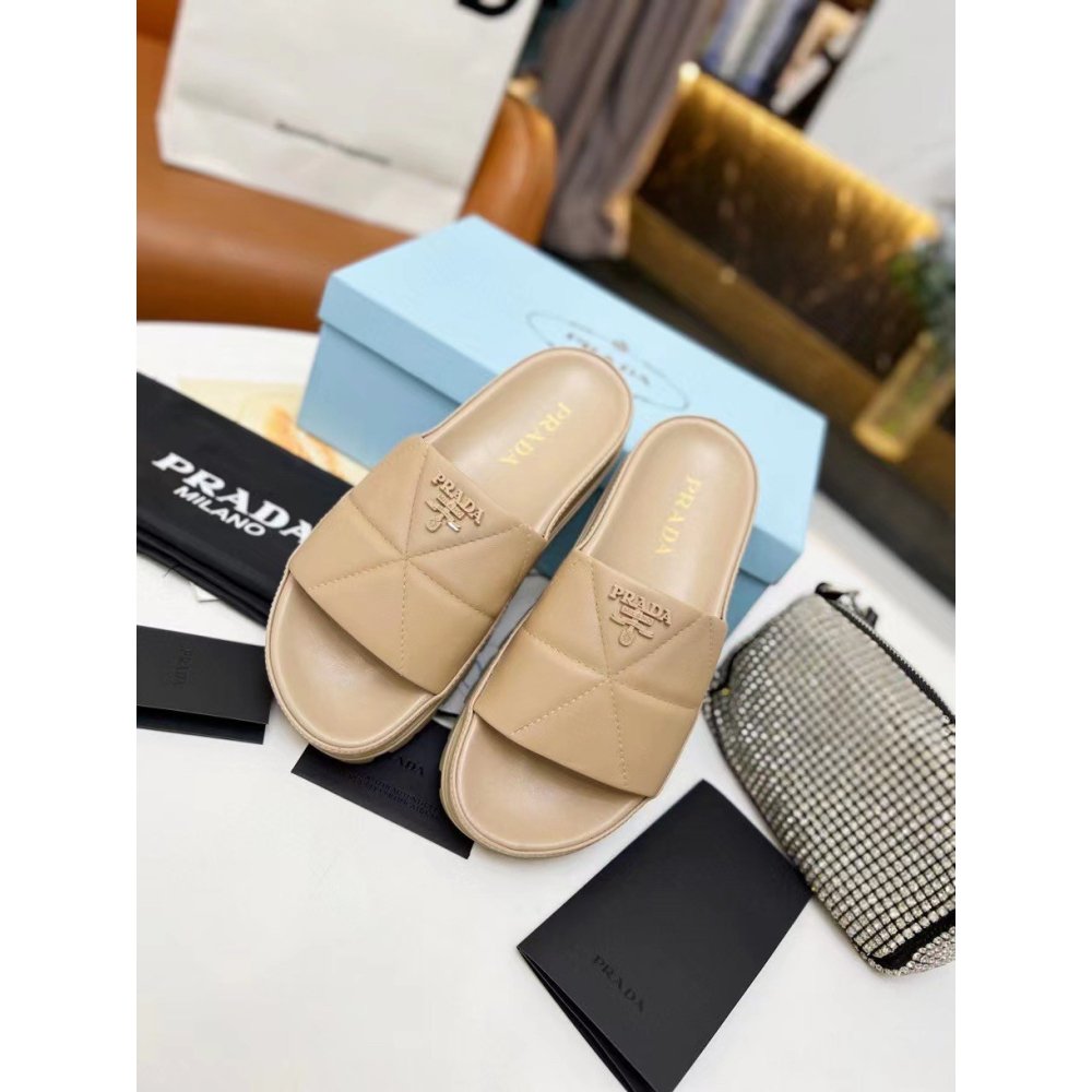 Cheap Reps Prada Womens Slides In Beige Quilted Nappa Leather