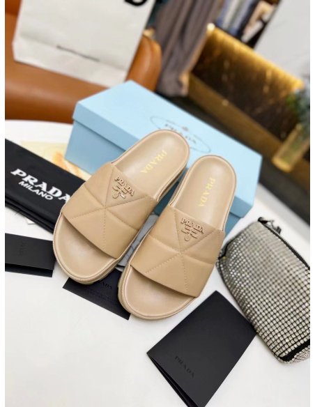 Cheap Reps Prada Womens Slides In Beige Quilted Nappa Leather