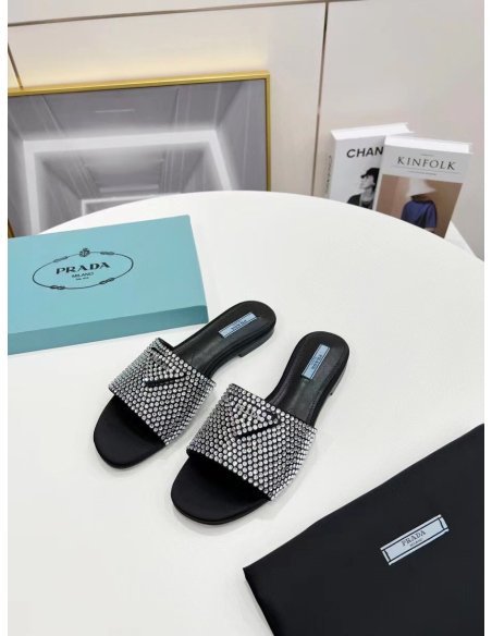 Cheap Reps Prada Womens Satin Slides With Crystals
