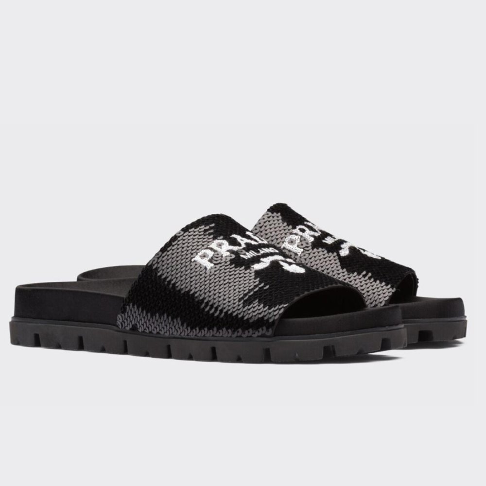 Cheap Reps Prada Womens Slides Embroidered With Sequins
