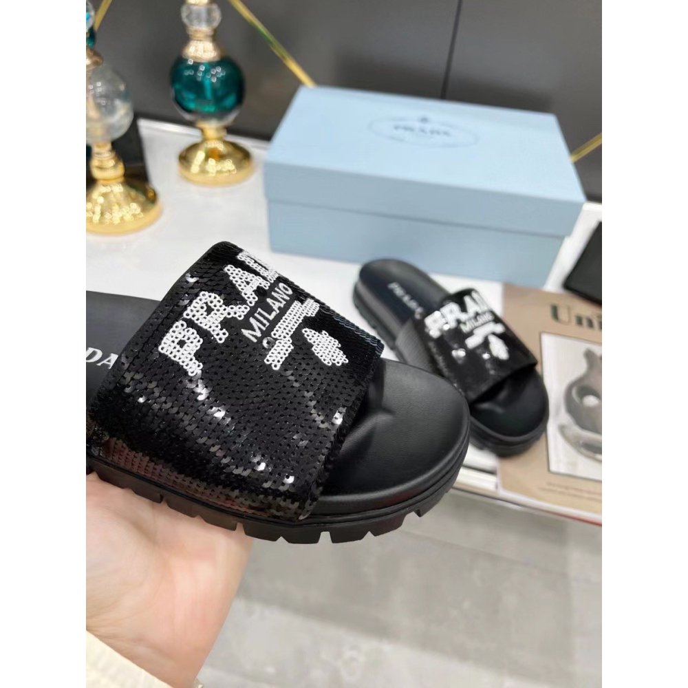 Cheap Reps Prada Womens Slides Embroidered With Sequins