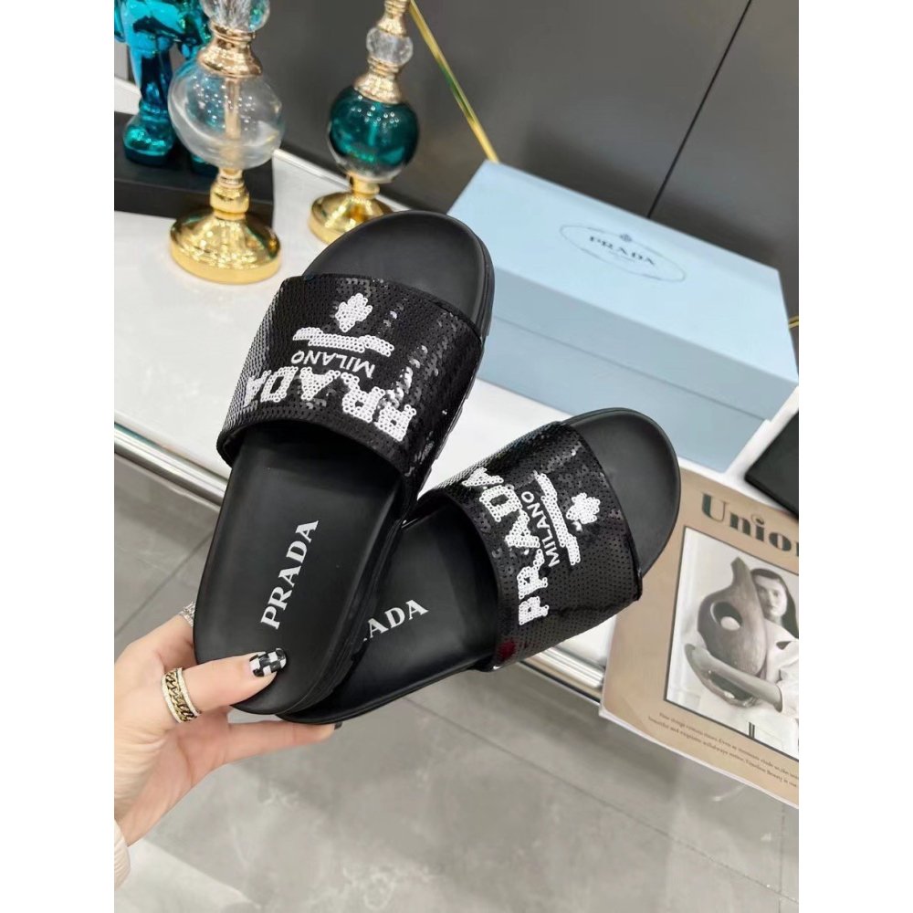 Cheap Reps Prada Womens Slides Embroidered With Sequins