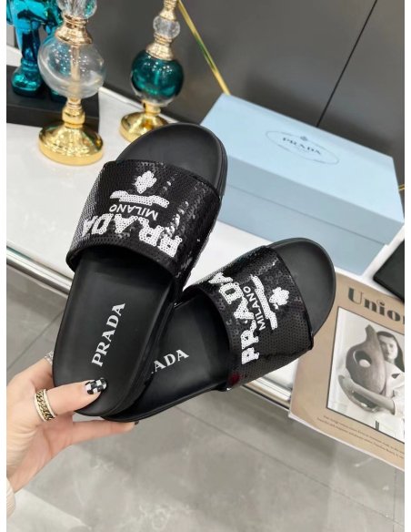 Cheap Reps Prada Womens Slides Embroidered With Sequins