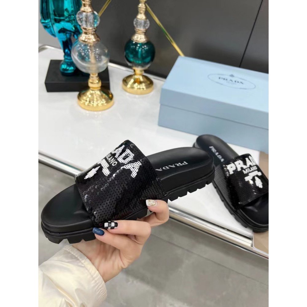 Cheap Reps Prada Womens Slides Embroidered With Sequins