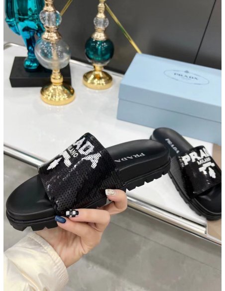 Cheap Reps Prada Womens Slides Embroidered With Sequins