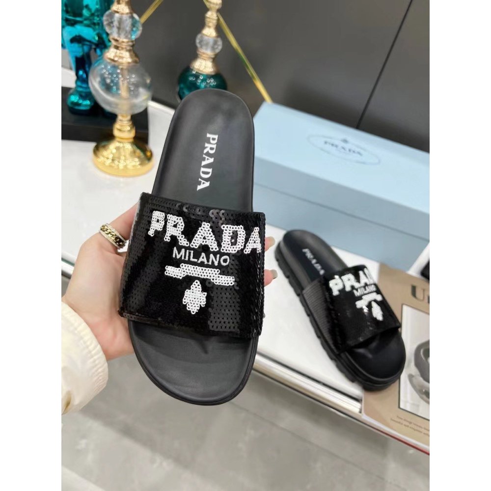 Cheap Reps Prada Womens Slides Embroidered With Sequins