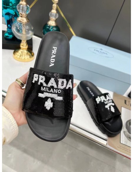 Cheap Reps Prada Womens Slides Embroidered With Sequins