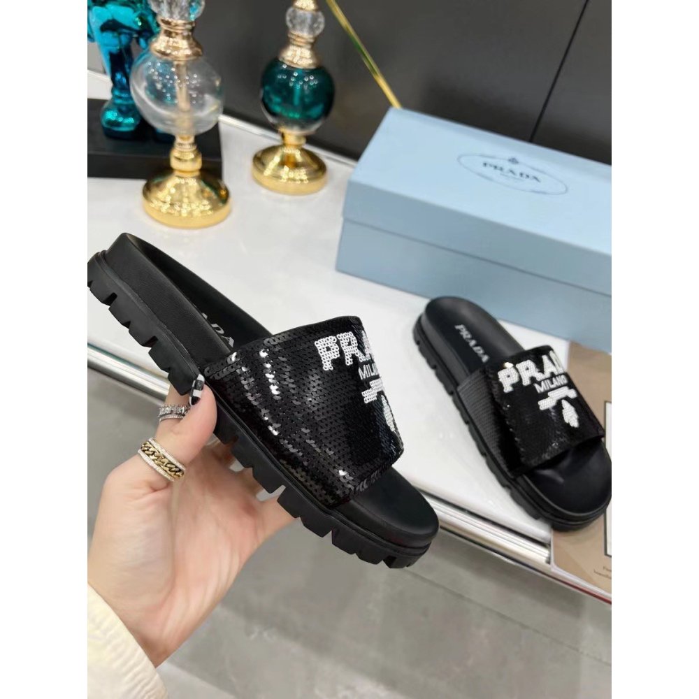 Cheap Reps Prada Womens Slides Embroidered With Sequins