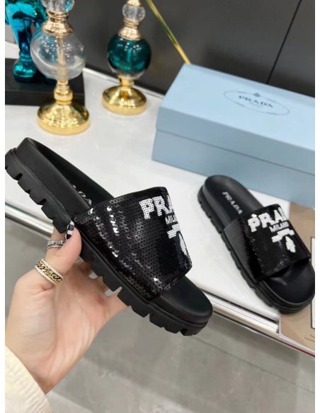 Cheap Reps Prada Womens Slides Embroidered With Sequins