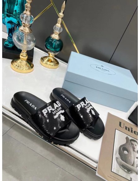 Cheap Reps Prada Womens Slides Embroidered With Sequins