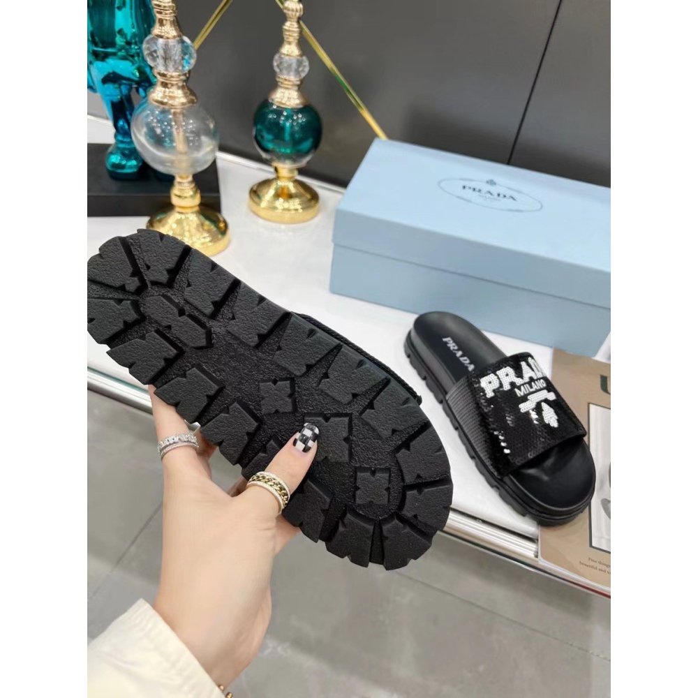 Cheap Reps Prada Womens Slides Embroidered With Sequins