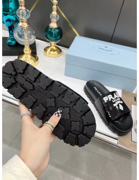 Cheap Reps Prada Womens Slides Embroidered With Sequins