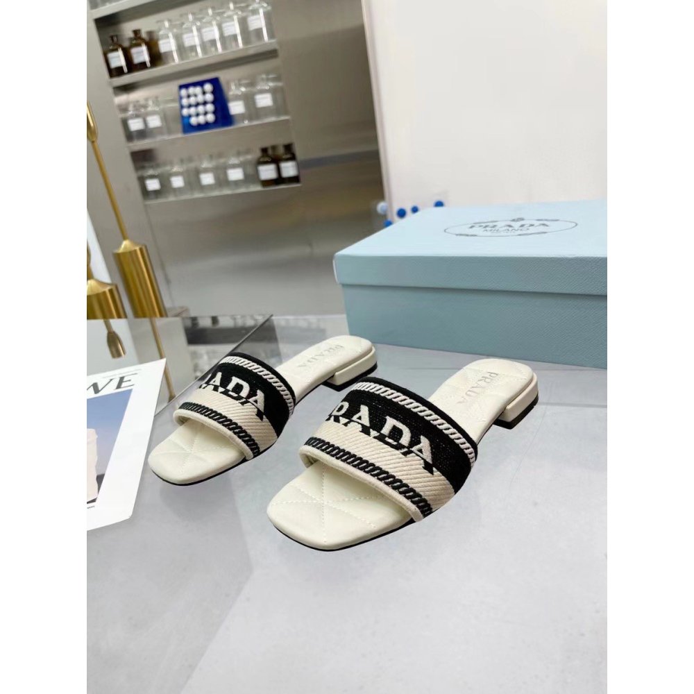 Cheap Reps Prada Womens Embroidered Fabric Slides