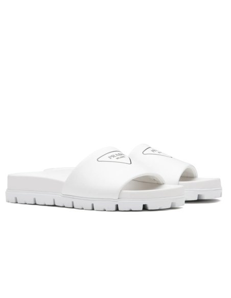 Cheap Reps Prada White Leather Slides with Printed Triangle Logo