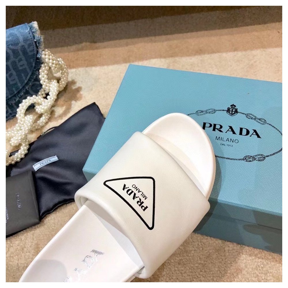 Cheap Reps Prada White Leather Slides with Printed Triangle Logo