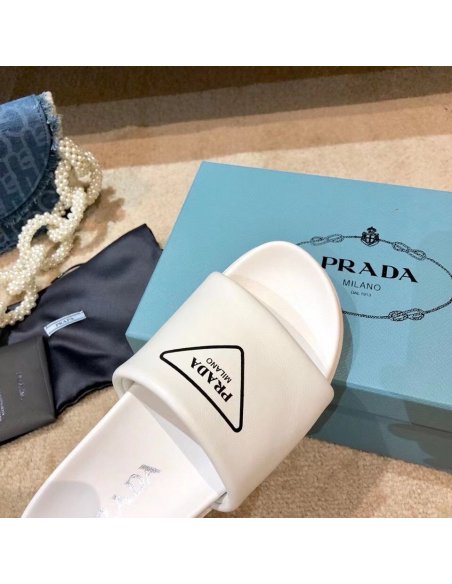 Cheap Reps Prada White Leather Slides with Printed Triangle Logo