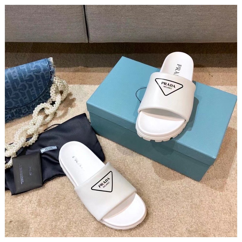 Cheap Reps Prada White Leather Slides with Printed Triangle Logo