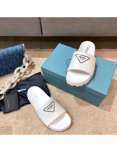 Cheap Reps Prada White Leather Slides with Printed Triangle Logo