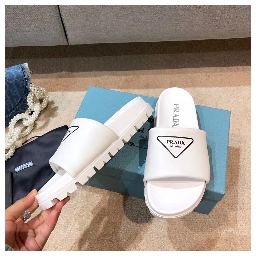 Cheap Reps Prada White Leather Slides with Printed Triangle Logo