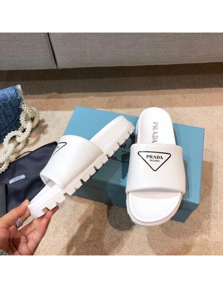 Cheap Reps Prada White Leather Slides with Printed Triangle Logo