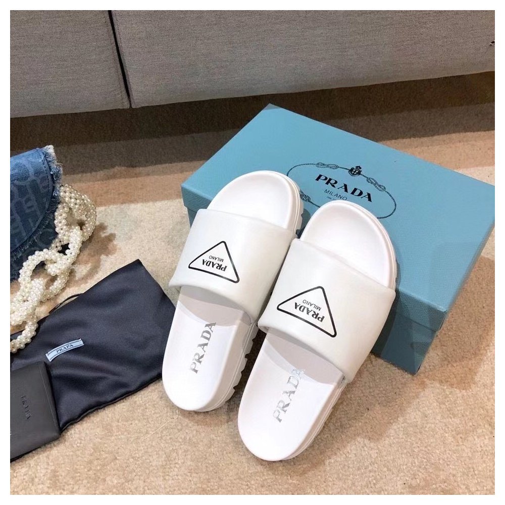 Cheap Reps Prada White Leather Slides with Printed Triangle Logo