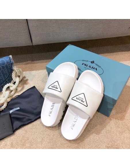 Cheap Reps Prada White Leather Slides with Printed Triangle Logo
