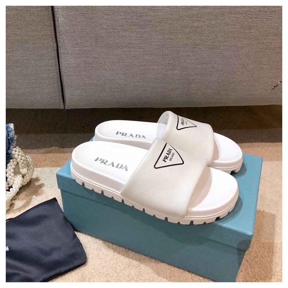 Cheap Reps Prada White Leather Slides with Printed Triangle Logo