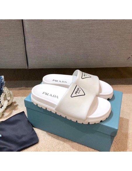 Cheap Reps Prada White Leather Slides with Printed Triangle Logo