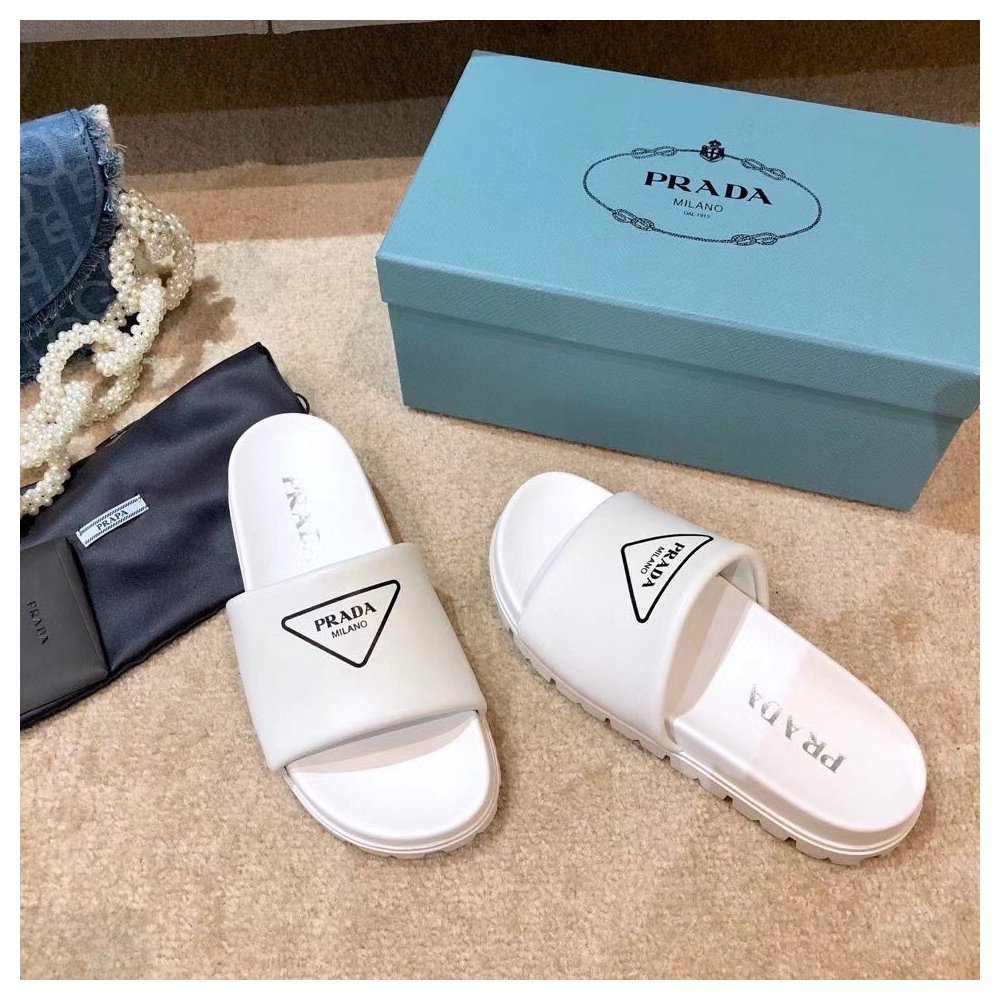 Cheap Reps Prada White Leather Slides with Printed Triangle Logo