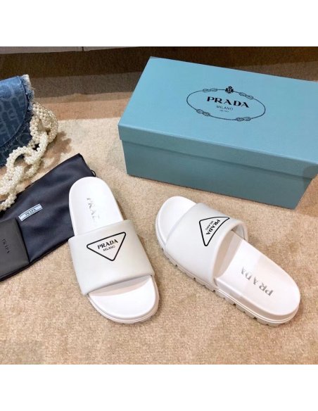Cheap Reps Prada White Leather Slides with Printed Triangle Logo