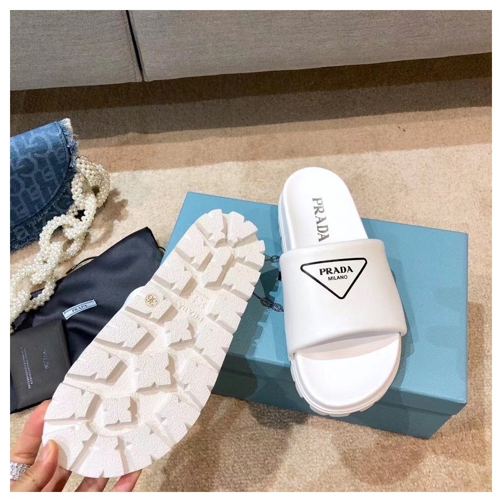 Cheap Reps Prada White Leather Slides with Printed Triangle Logo