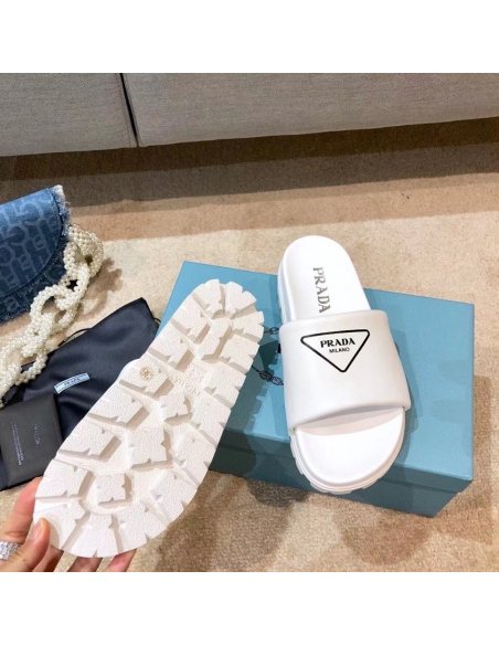 Cheap Reps Prada White Leather Slides with Printed Triangle Logo