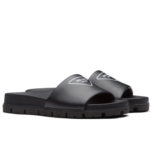 Cheap Reps Prada Black Leather Slides with Printed Triangle Logo