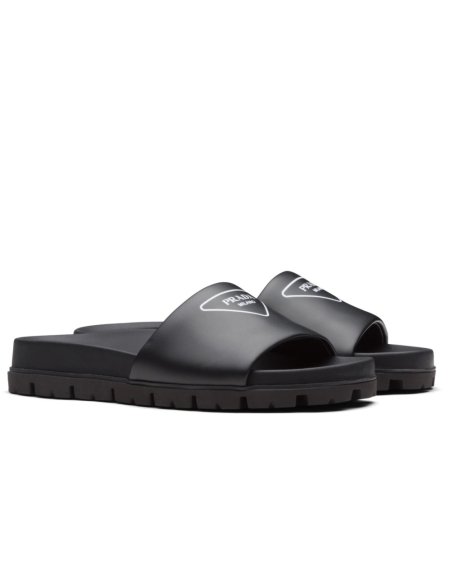Cheap Reps Prada Black Leather Slides with Printed Triangle Logo