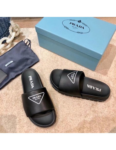 Cheap Reps Prada Black Leather Slides with Printed Triangle Logo