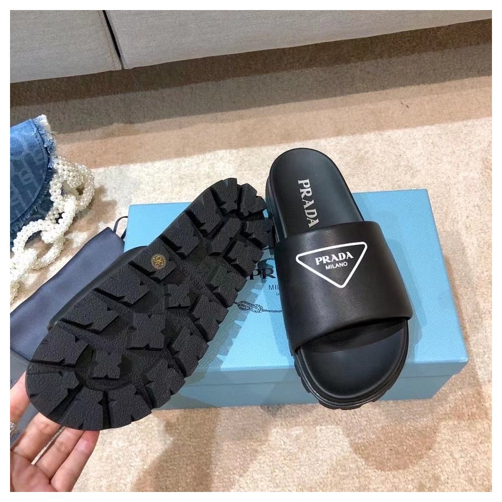 Cheap Reps Prada Black Leather Slides with Printed Triangle Logo