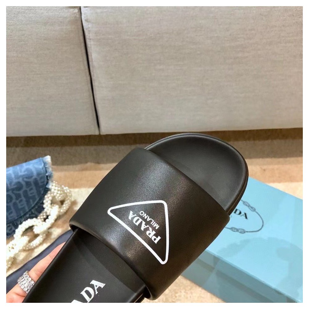 Cheap Reps Prada Black Leather Slides with Printed Triangle Logo