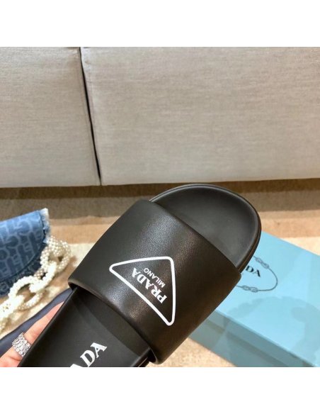 Cheap Reps Prada Black Leather Slides with Printed Triangle Logo