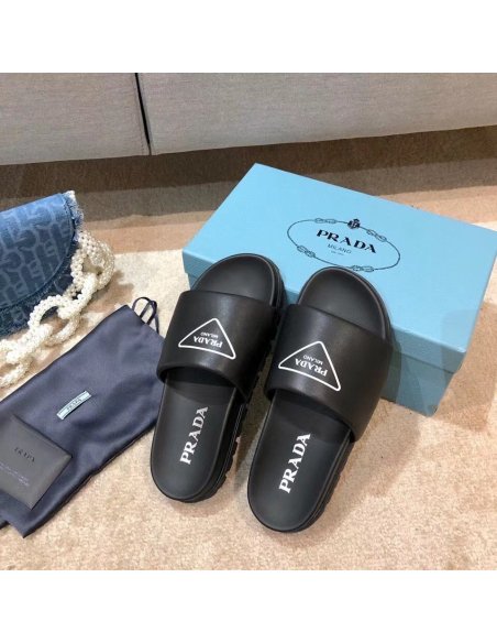 Cheap Reps Prada Black Leather Slides with Printed Triangle Logo