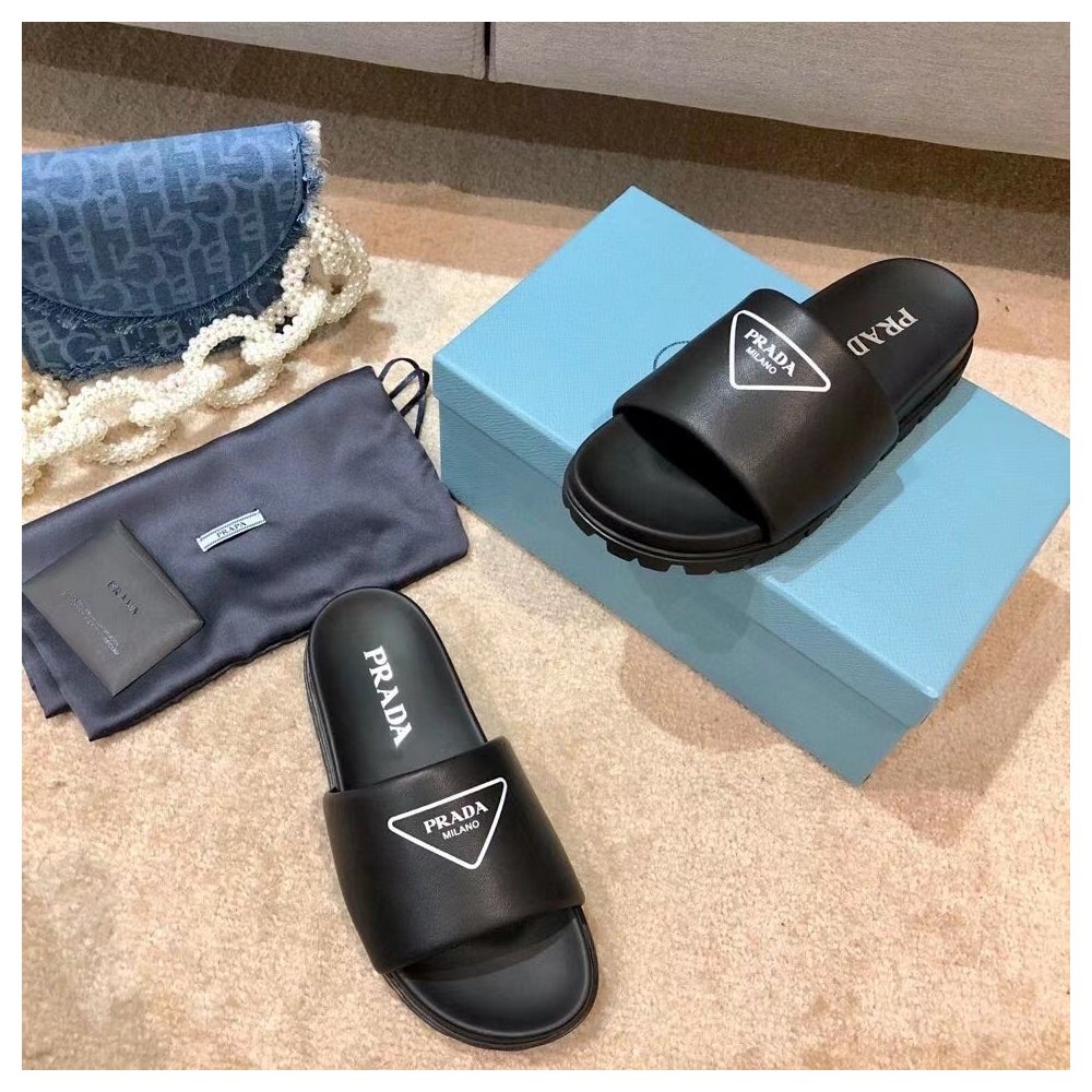 Cheap Reps Prada Black Leather Slides with Printed Triangle Logo
