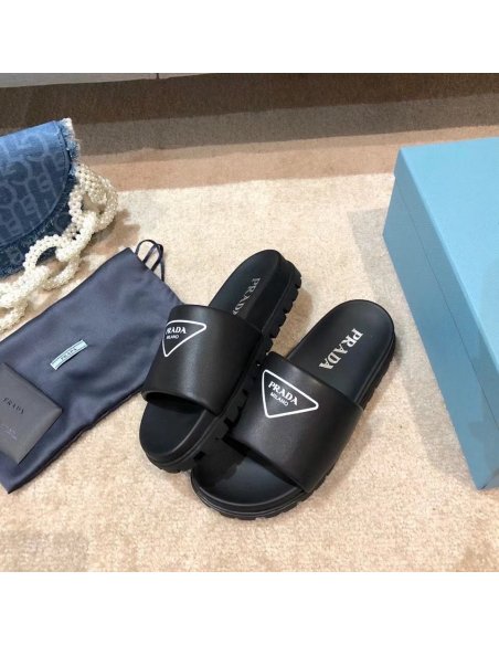 Cheap Reps Prada Black Leather Slides with Printed Triangle Logo