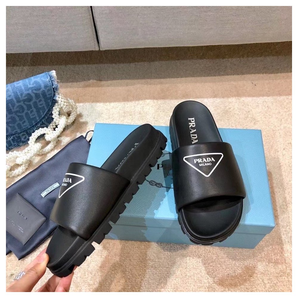 Cheap Reps Prada Black Leather Slides with Printed Triangle Logo